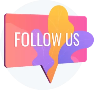 Modern 'FOLLOW US' social media promotion with vibrant pink rectangular background and stylized colorful leaf elements in purple and yellow