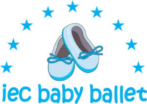 IEC Baby Ballet logo featuring light blue ballet slippers with bows surrounded by decorative blue stars for children's dance program