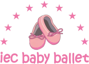 Rose-colored ballet shoes surrounded by pink stars forming the 'iec baby ballet' brand identity for early childhood dance education
