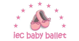 Pink ballet slippers logo for 'iec baby ballet' program with decorative star circle design for young children's dance instruction