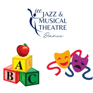 IEC Jazz & Musical Theatre Dance logo with performing arts imagery including alphabet blocks and comedy/tragedy masks for children