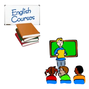 English courses illustration showing whiteboard, stacked textbooks and cartoon teacher with students depicting language learning environment