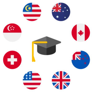 International education graphic featuring graduation cap surrounded by country flags including Malaysia, Australia, Singapore and UK for study abroad