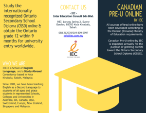 Educational flyer for IEC's Canadian Pre-U online courses and Ontario grade 12 diploma program in Kota Kinabalu